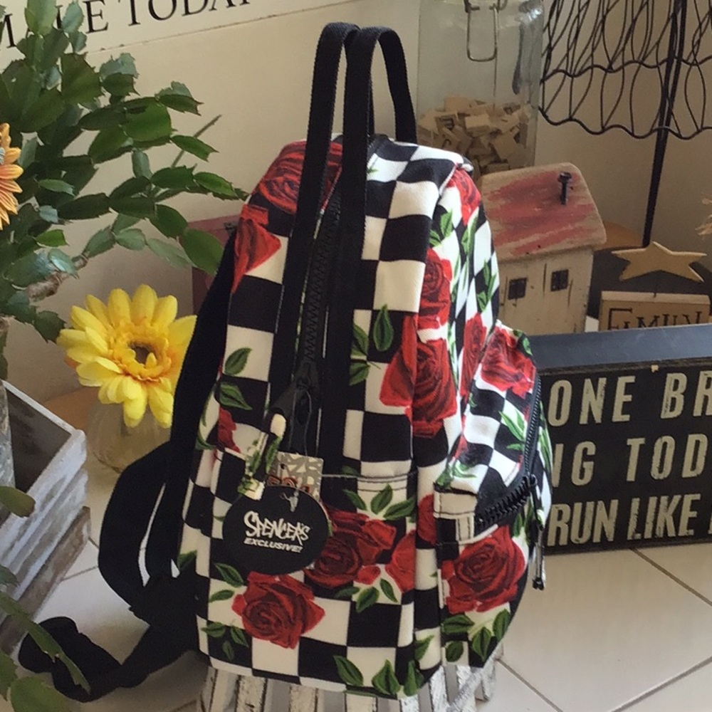 ‘Spencer’s’ Floral Roses/Checkerboard Mini Backpack NWT - Picture 3 of 9